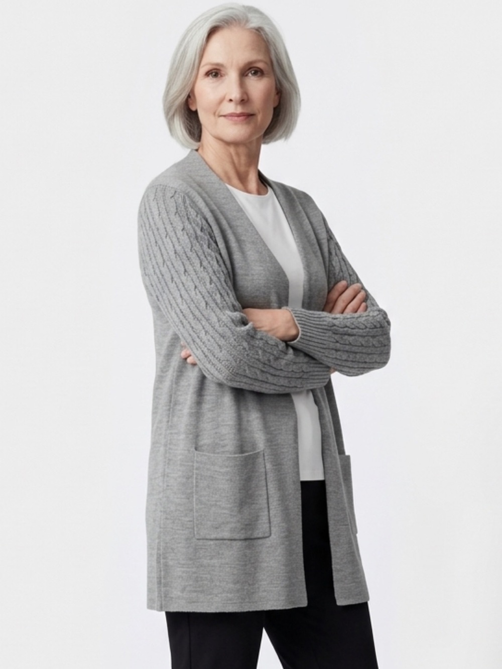 Nina Leonard Women's Open Front Cardigan with Pockets and Cable Sleeves in Grey